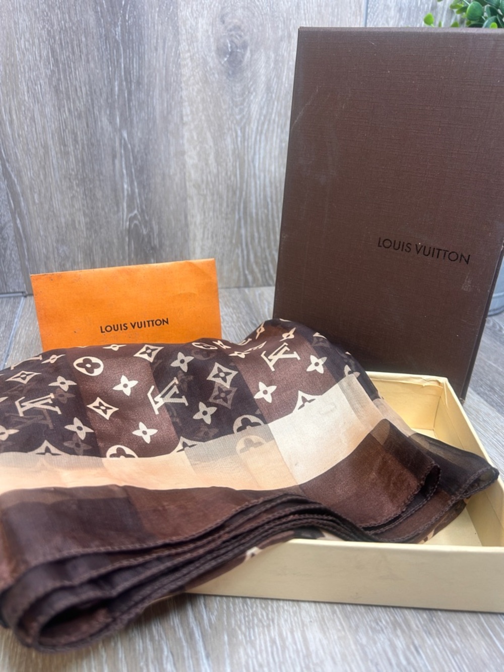 Louis Vuitton Monogram Gradient Silk Scarf • Brown Beige Checkered LV Wrap •Lux